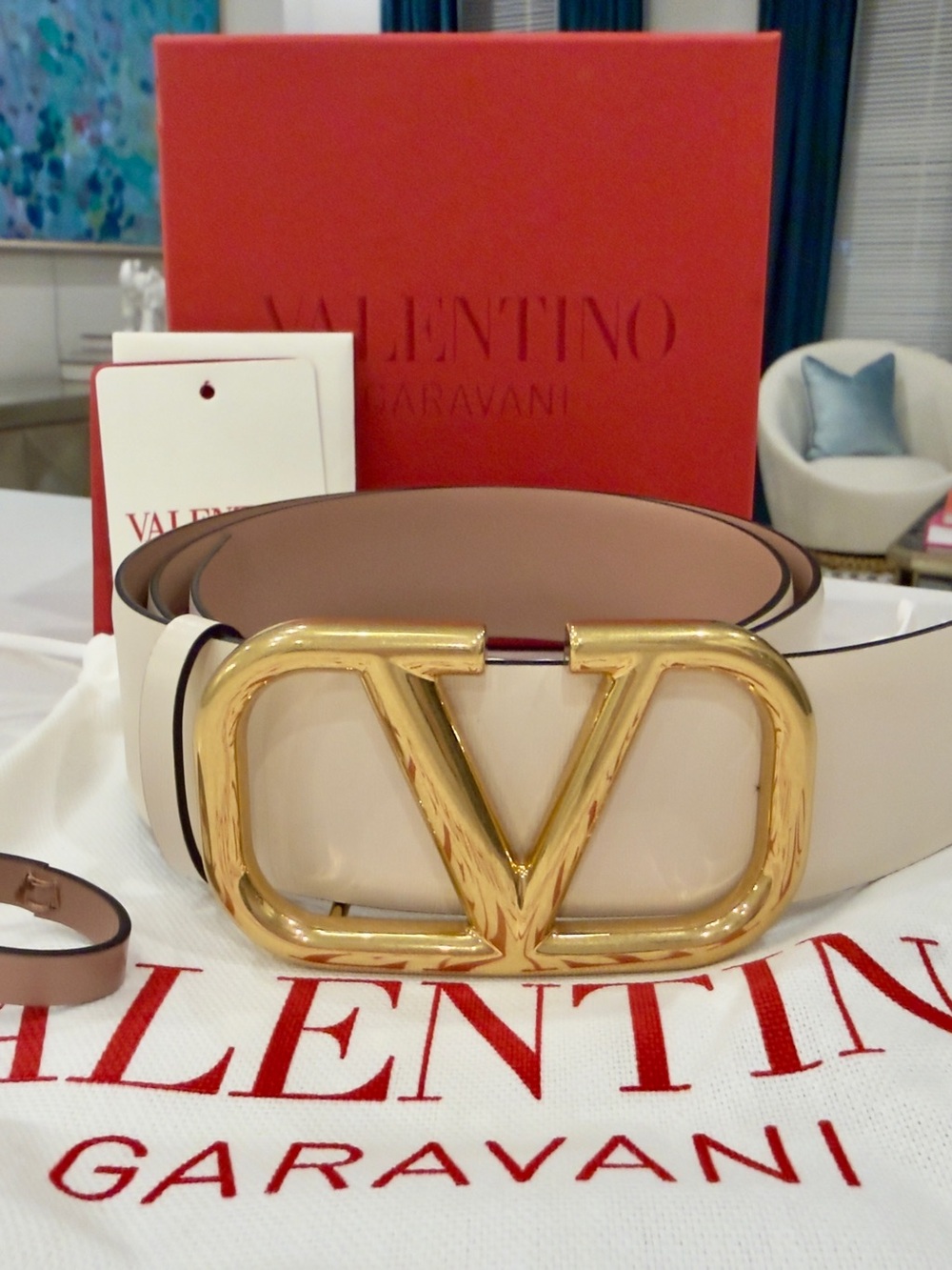 Valentino Garavani Cream/White Leather Belt with Gold V Buckle 85cm